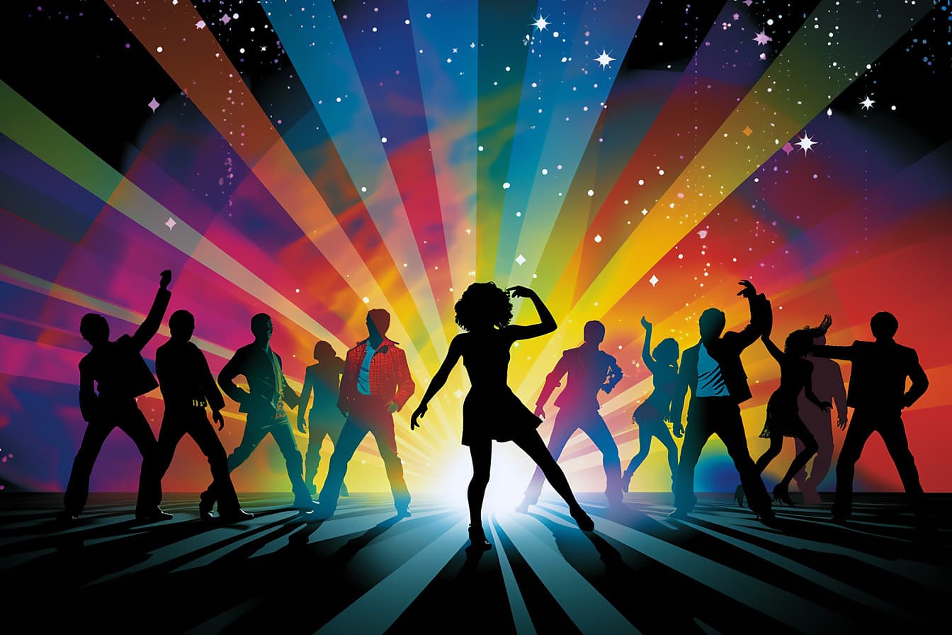 Silhouette of dancers in pop art discotheque with colorful laser light