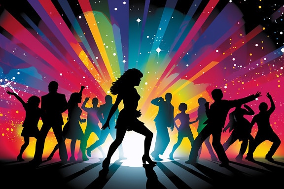 Silueta osoby tancujúcej v diskotékovej pop-artovej grafike