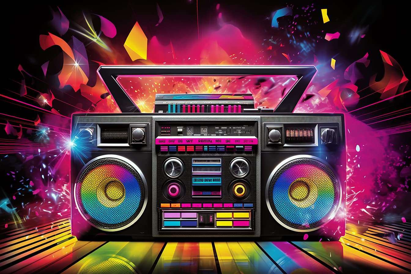 Ilustración gráfica colorida de discoteca de arte pop boombox