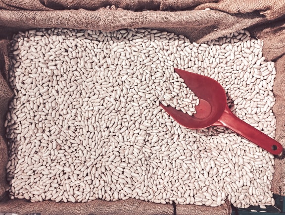 Detail bílých fazolí v jutovém pytli na tržišti