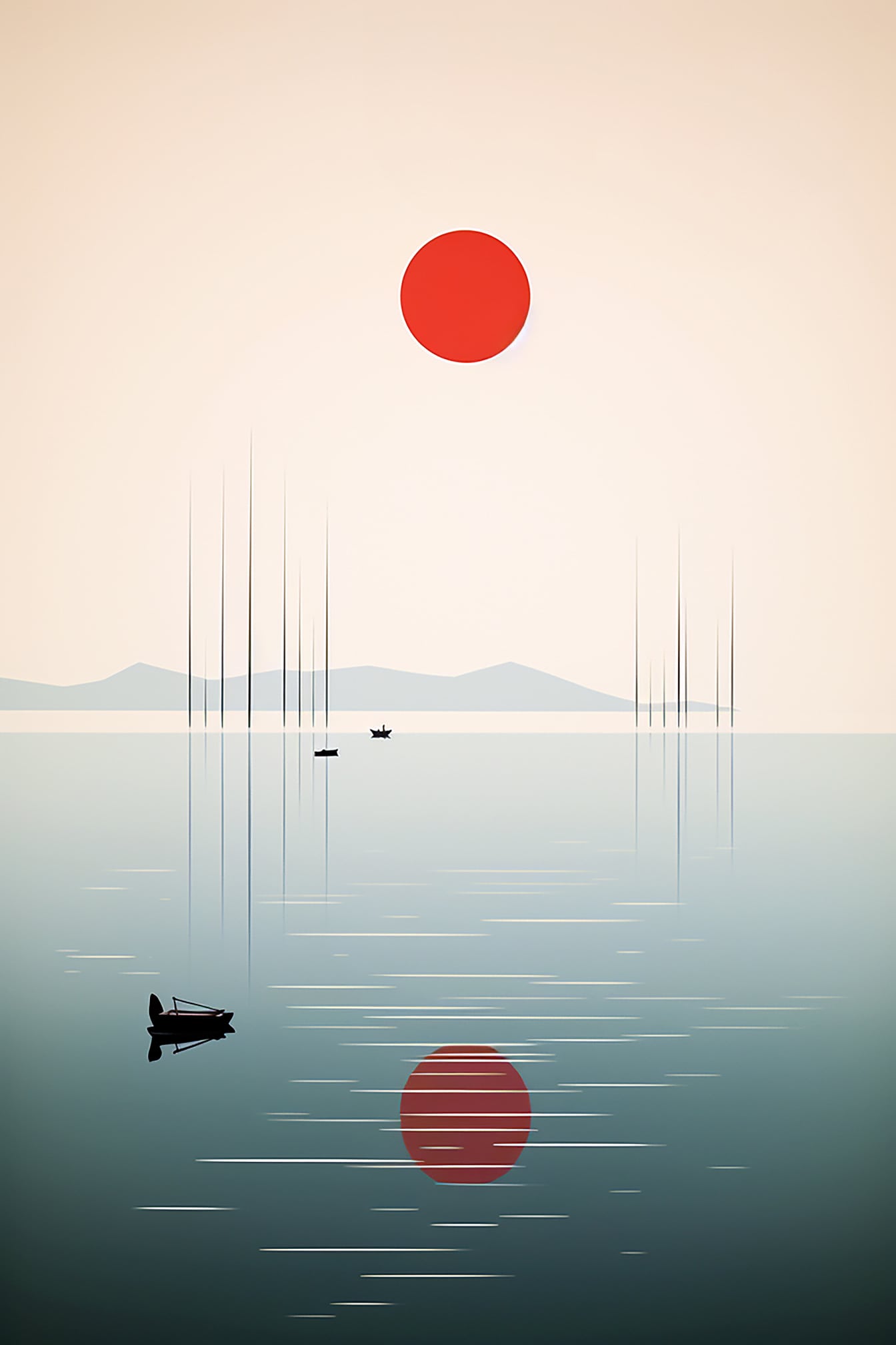 Ілюстрація в стилі мінімалізм з відображенням темно-червоного сонця на рівні води