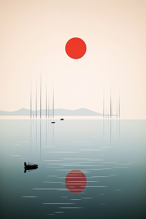 Illustratie in minimalismestijl van donkerrode zonbezinning op waterniveau