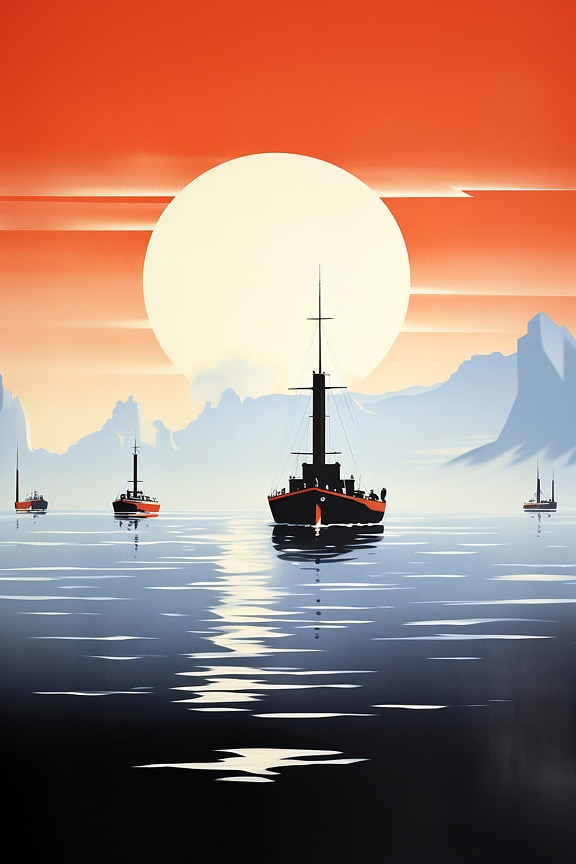 Silhouette von Segelschiffen mit dunkelrotem Himmel, minimalistischer Grafikstil