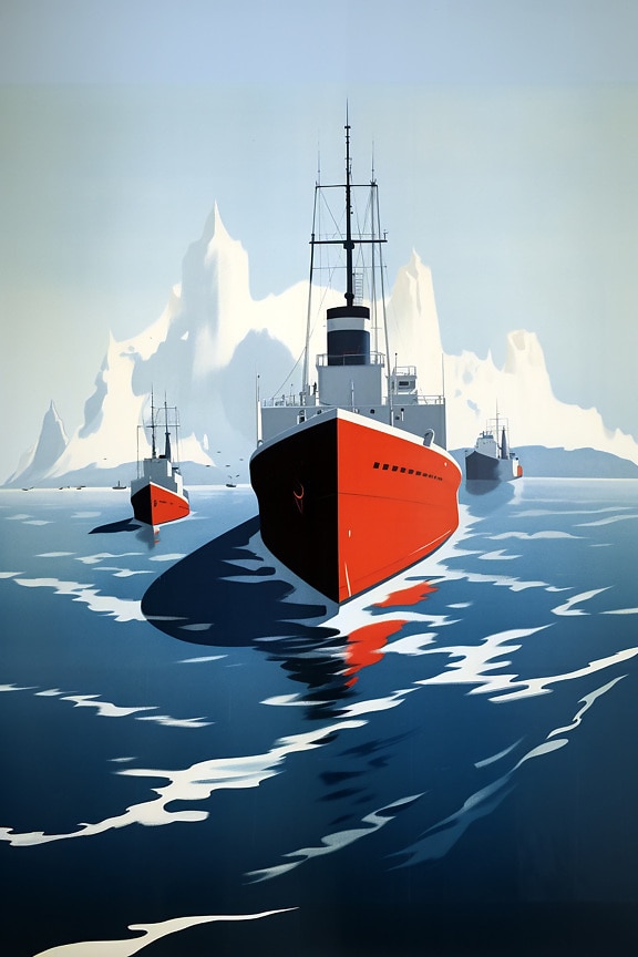 Illustration of reddish cruise ship with tugboat