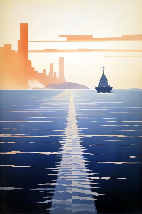 Тъмносин силует на круизен кораб Илюстрация в стил минимализъм