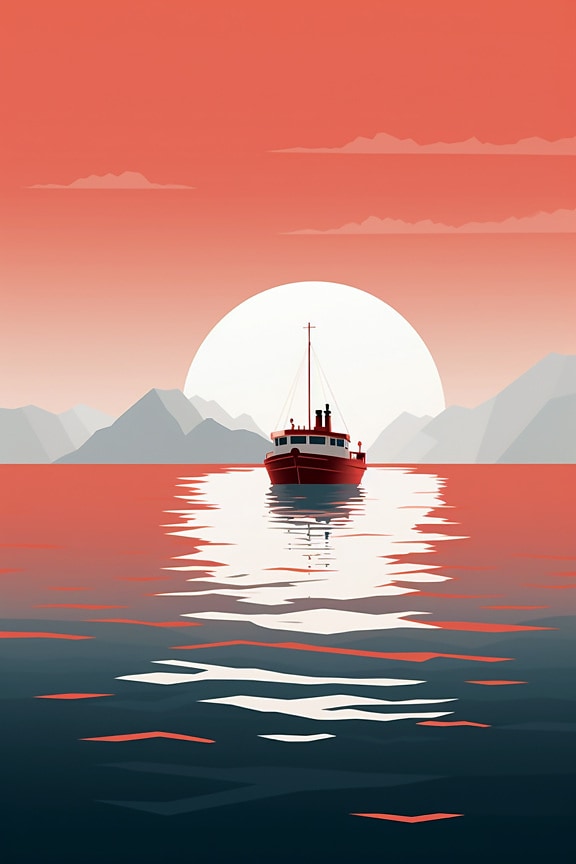 Dark red silhouette of fishing boat in sunrise graphic in minimalism style