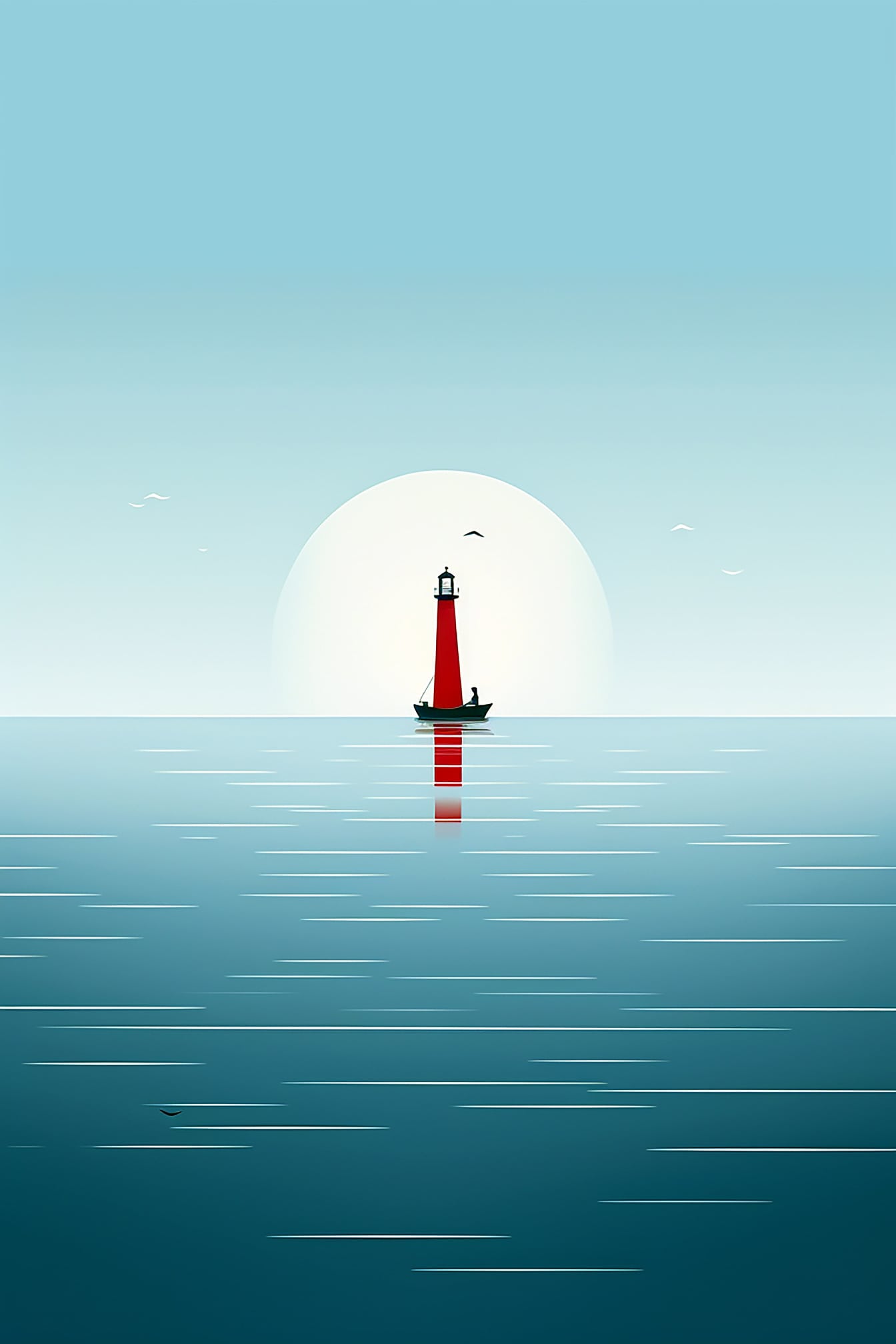 Farul roșu închis pe orizontul oceanului ilustrație în stil minimalism
