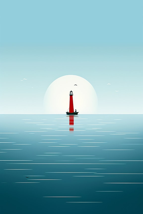 Dark red lighthouse on ocean horizon illustration in minimalism style
