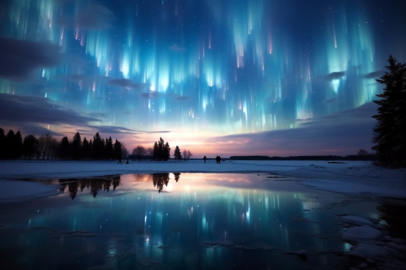 Красива зима край езерото през нощта с Aurora borealis светлини отражение