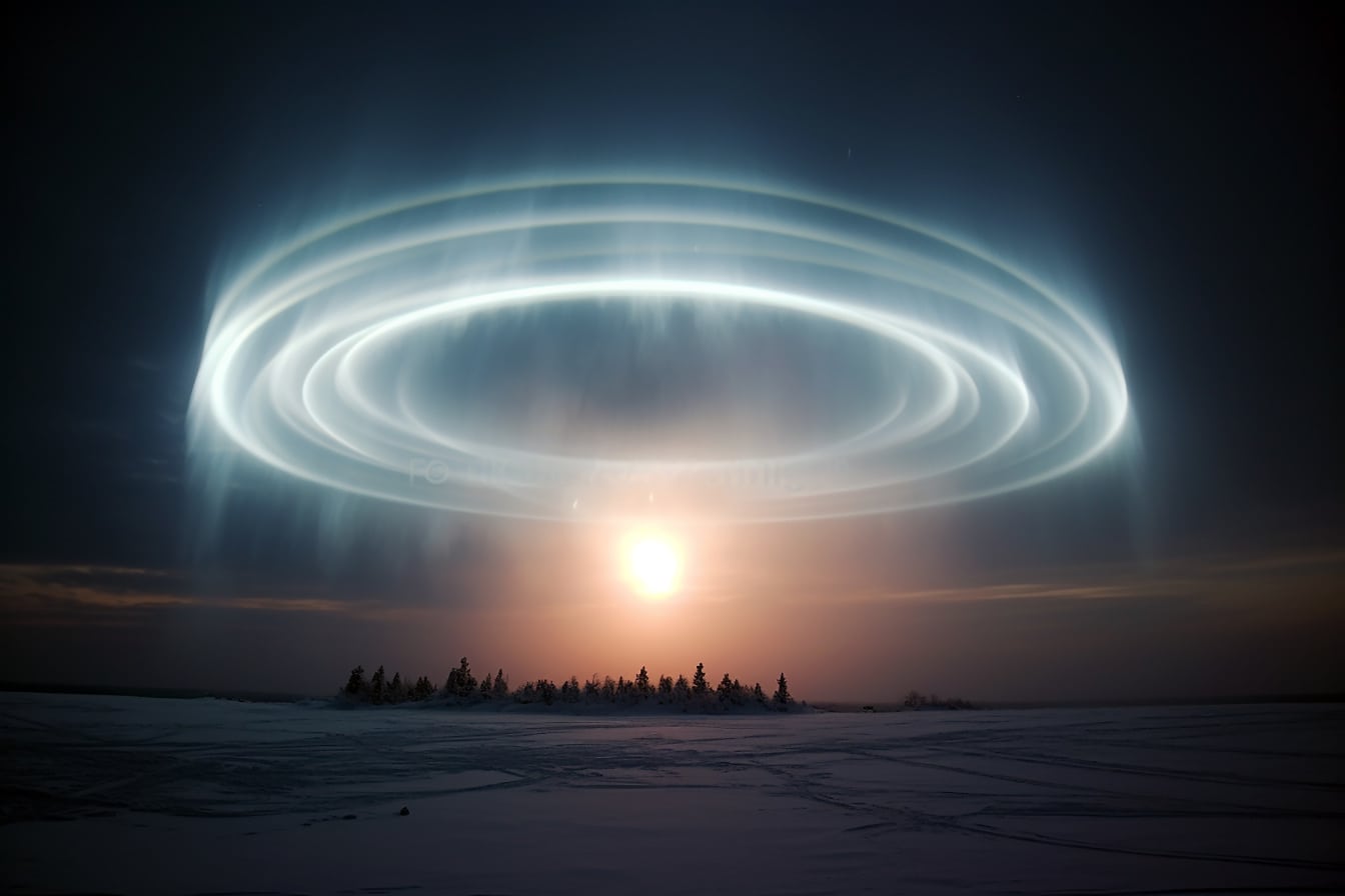 Surrealistické kruhové světlo na tmavé obloze krajiny