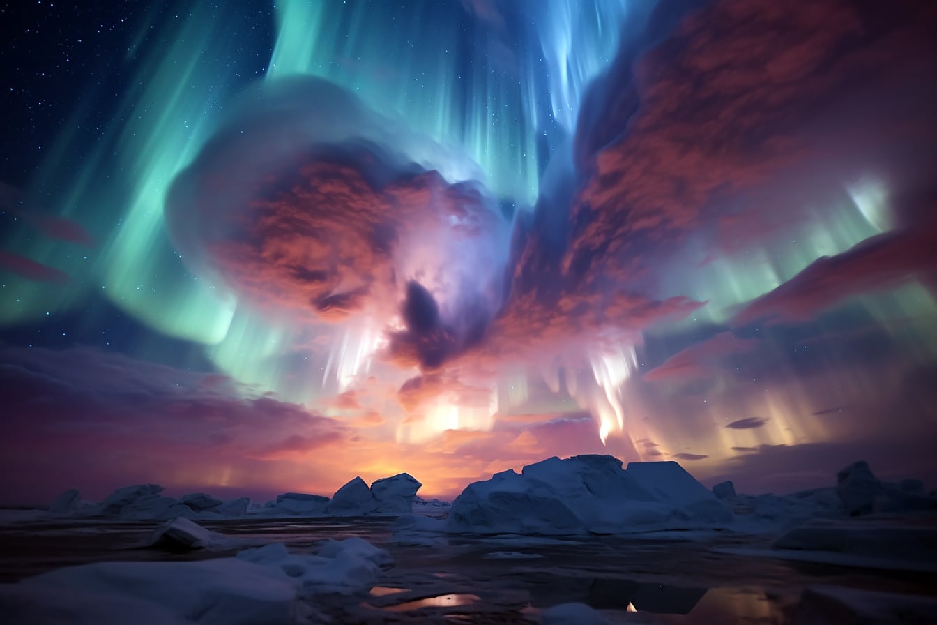 Ilustrație digitală a peisajului aurorei din emisfera nordică
