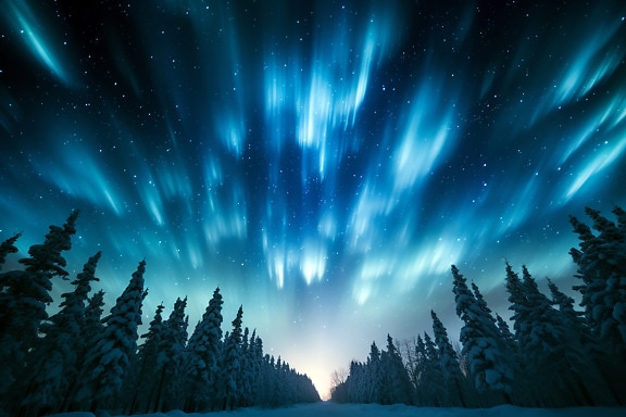 Majestic Aurora borealis light on northern hemisphere light on idyllic landscape