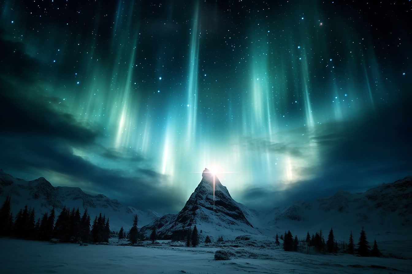 Veličanstveni digitalni umjetnički krajolik aurore borealis u pozadini planinskog vrha