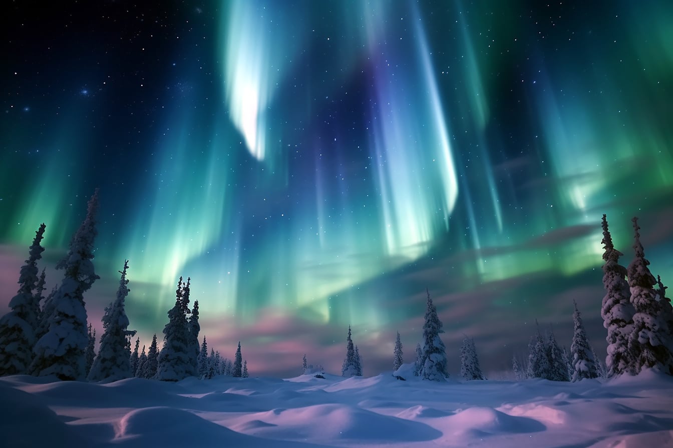 Aurora borealis kuzey yarımküre pastoral kış manzarasına ışık tutuyor