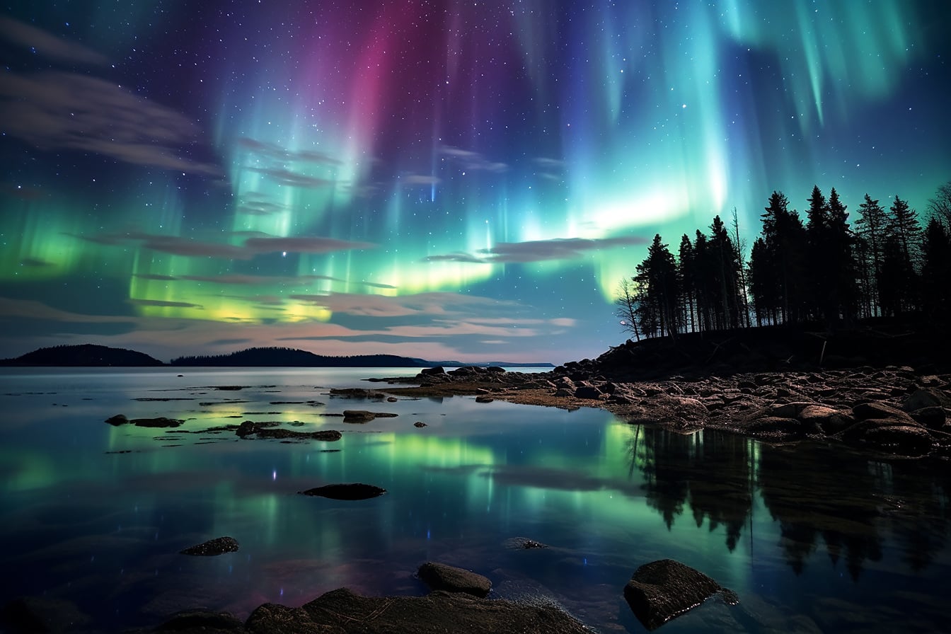 Digitaal kunstwerk van aurora borealis op nachtelijk rivieroeverlandschap