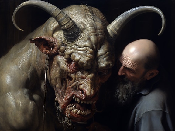 Portrait of horror beast with man mythology fine art painting