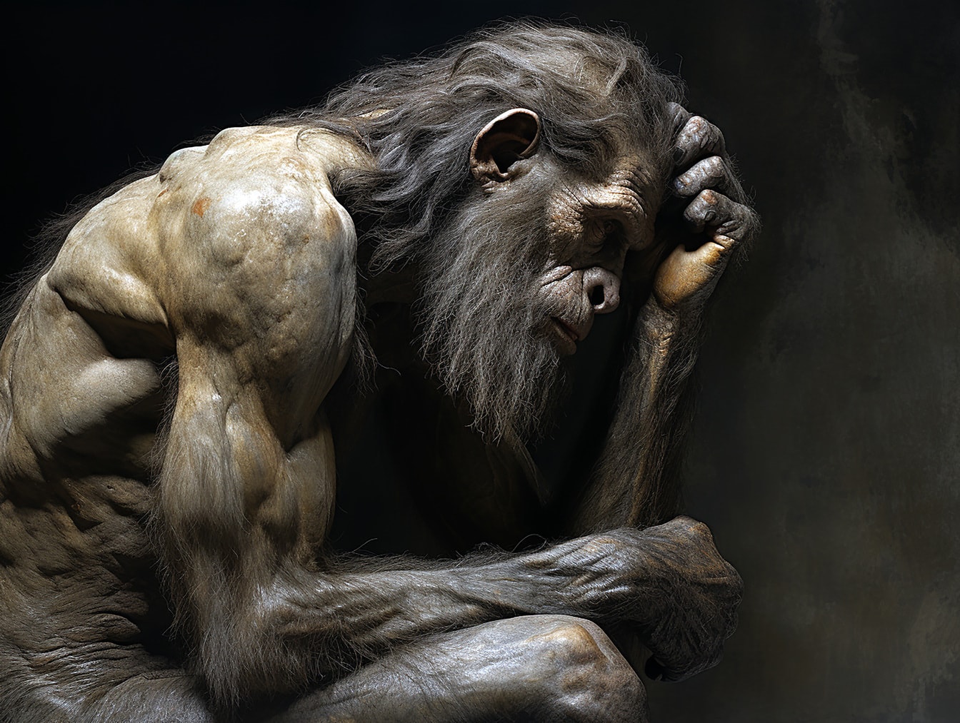 Opera d’arte digitale del ritratto di Neanderthal che pensa in stile belle arti