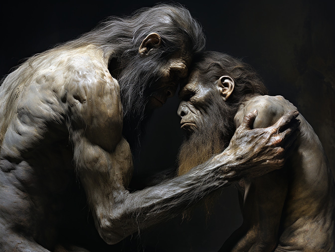 Graphic illustration of primitive prehistoric neanderthal hugging