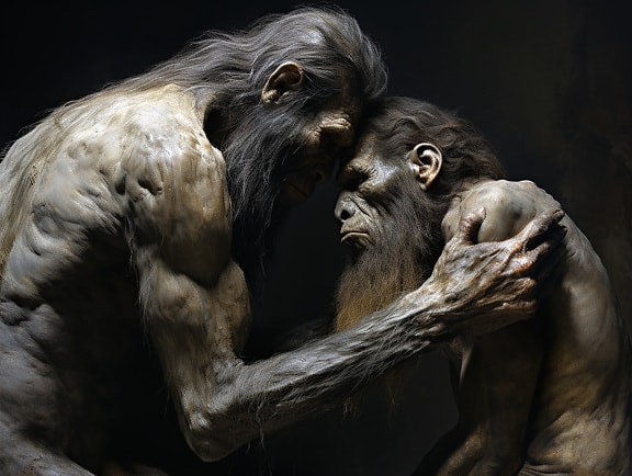 Grafische illustratie van primitieve prehistorische neanderthaler knuffelen