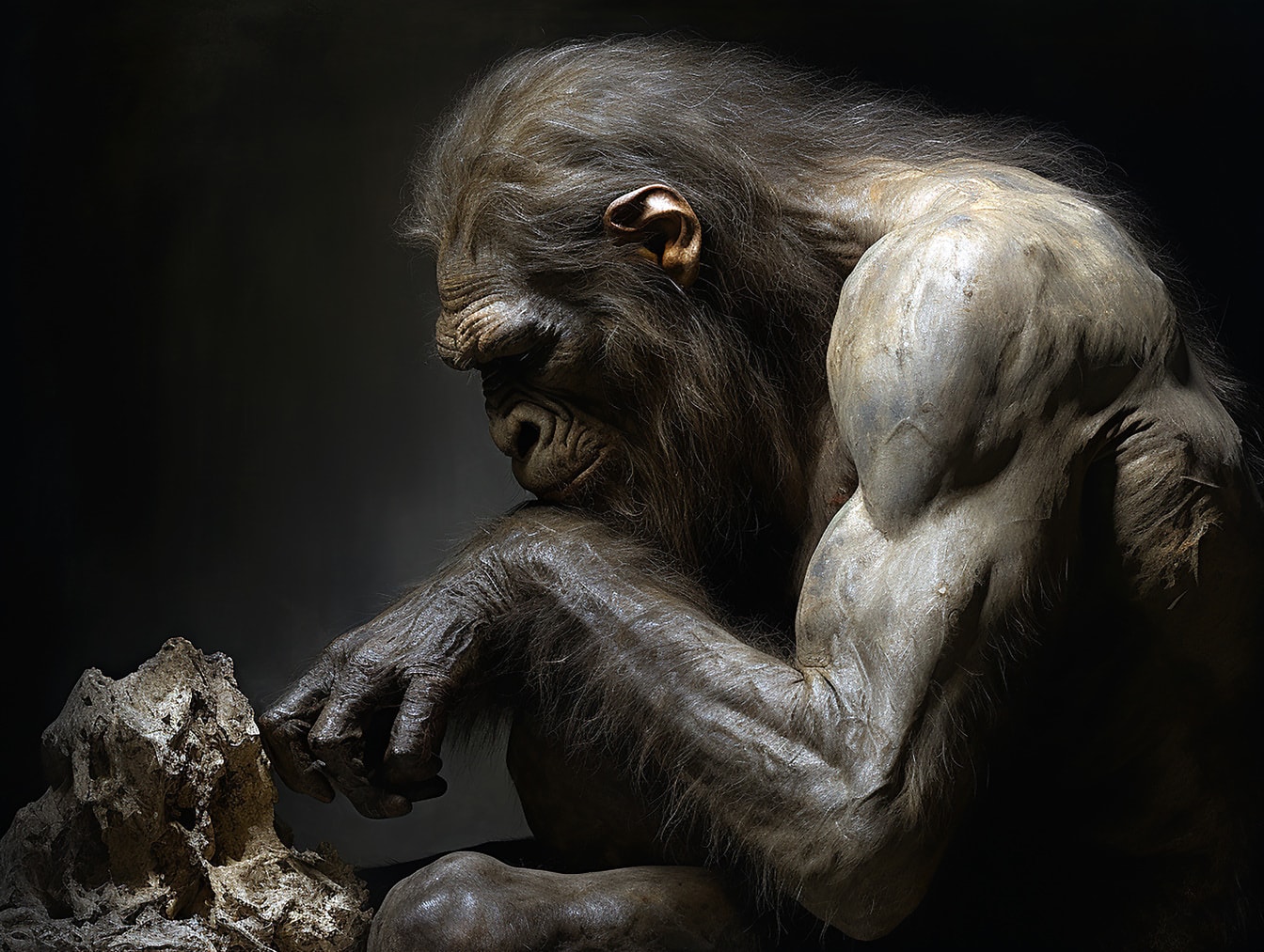 Portrait de vue latérale d’un primate musclé avec une œuvre d’art numérique sur fond sombre