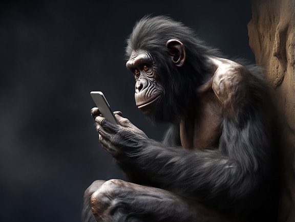 monyet, grafis, memegang, ponsel, primata, hitam, wajah