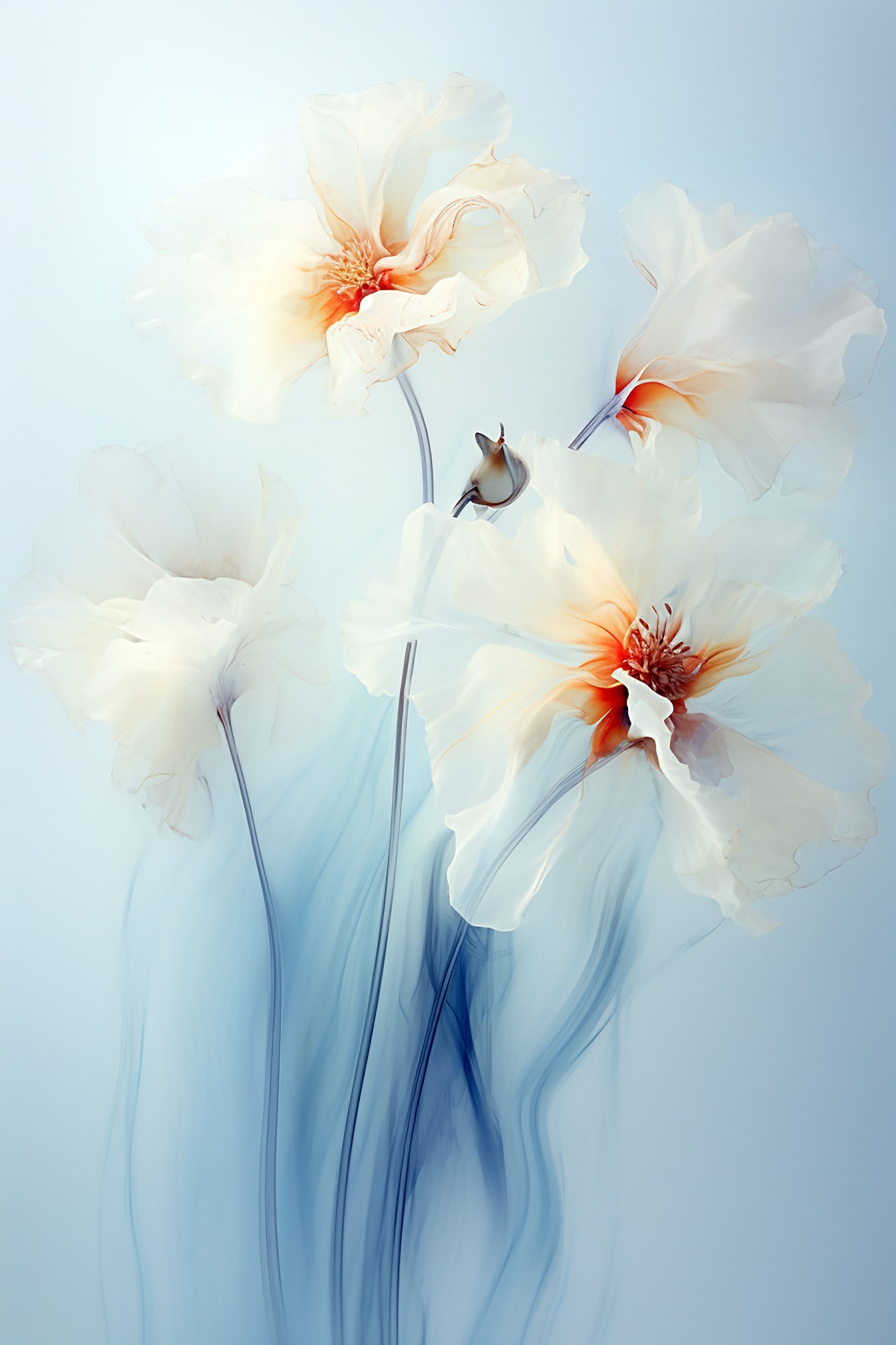 Pastelli akvarellikuva valkoisista kukista sinisellä pohjalla