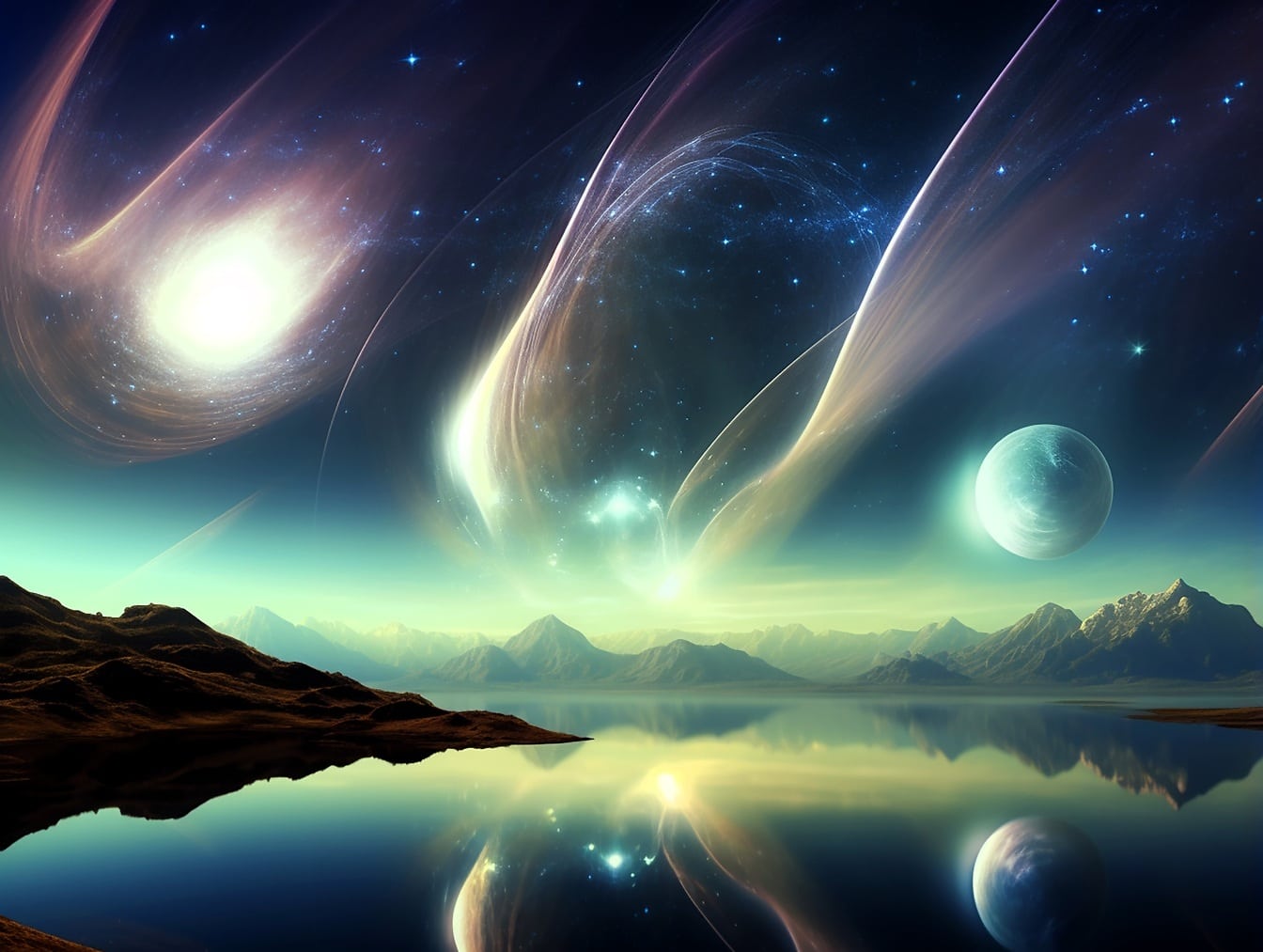 Originalt surrealistisk digitalt fantasilandskap med refleksjon av planeter ved innsjøen