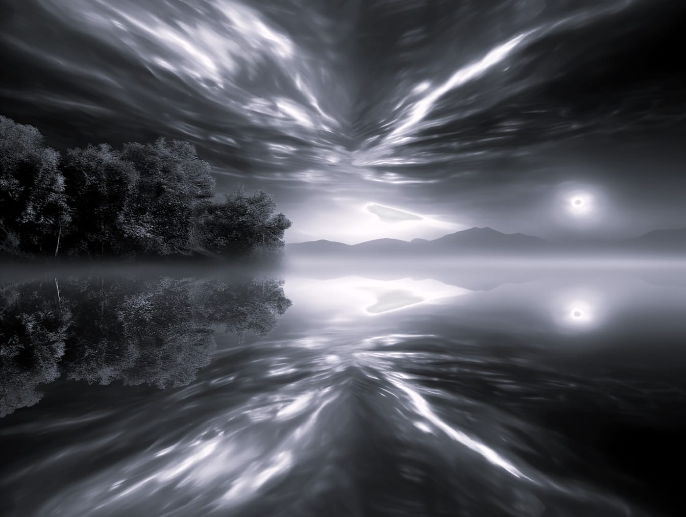 Величествен абстрактен дигитален черно-бял пейзаж на брега на езерото