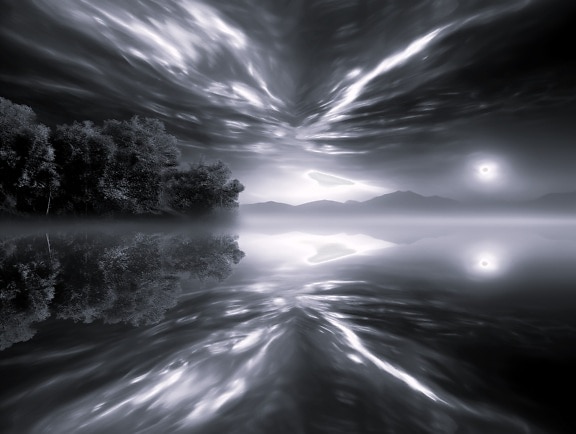 Majestátna abstraktná digitálna čiernobiela krajina pri jazere