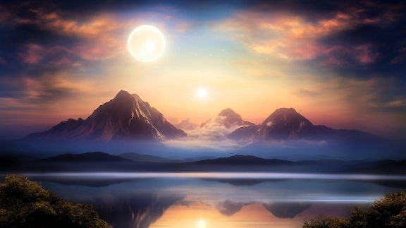 Surrealistische digitale landschap wazige mist in zonsopgang met lakeside