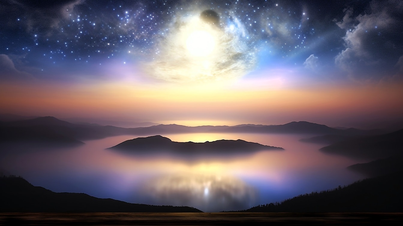 Magisk digitalt landskap av fantasi ved innsjøen om natten