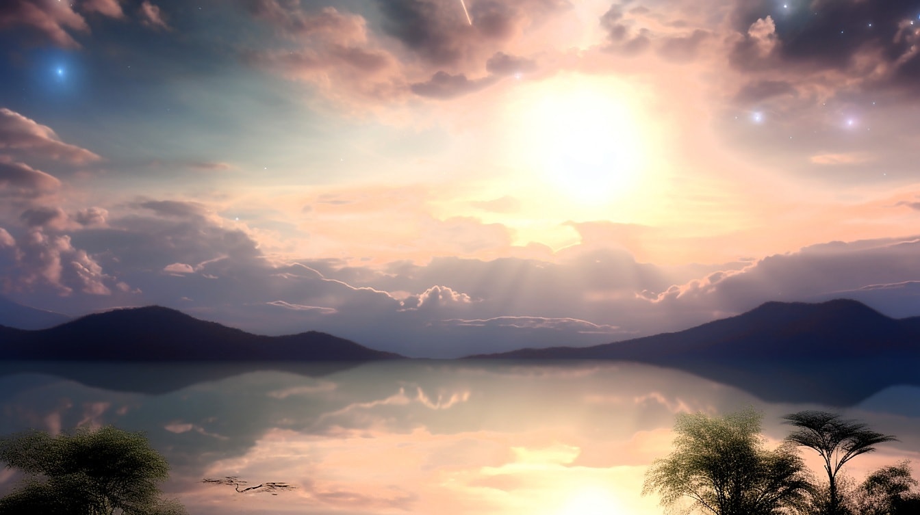 Origineel digitaal kunstwerk van surrealistische zonsopgang over lakeside