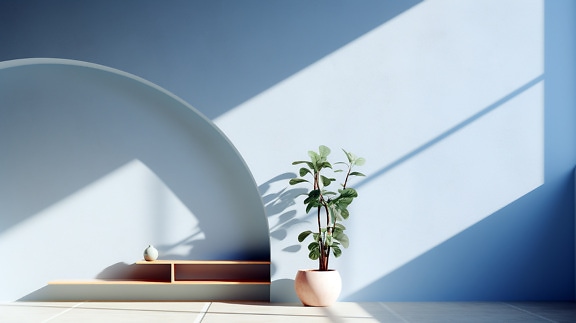 Modern contemporary interior design empty wooden shelf with ceramic flowerpot