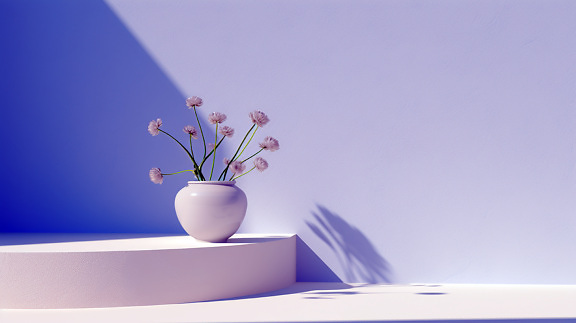 Flores cor-de-rosa no vaso rosado na sala do minimalismo contemporâneo
