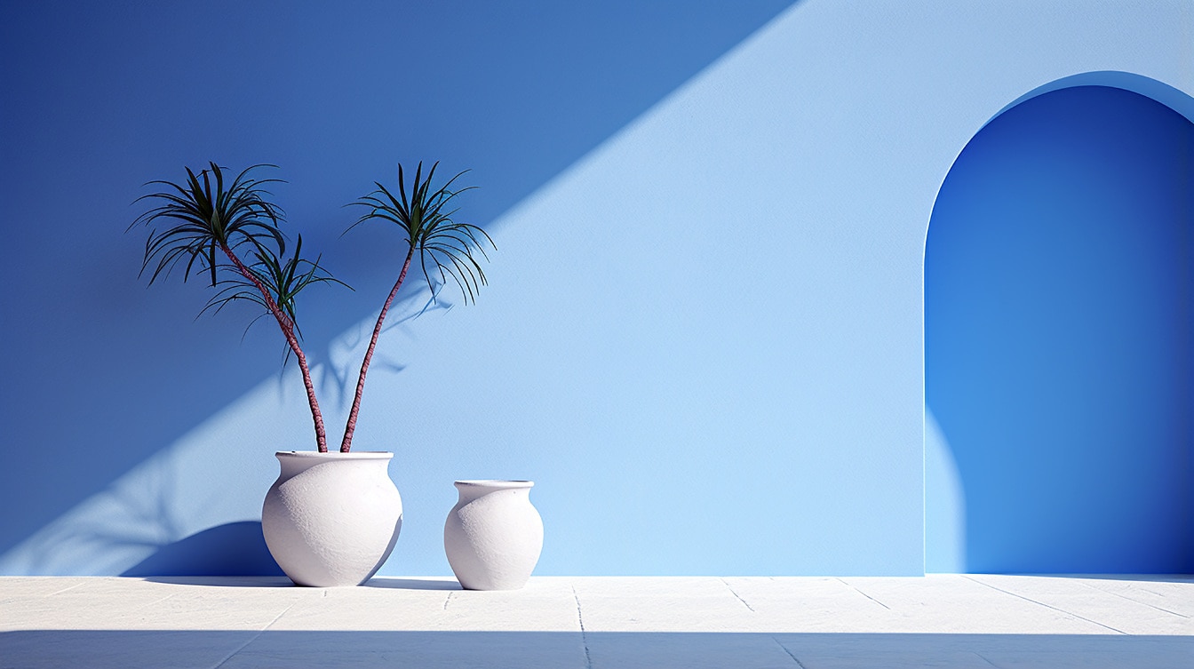 3D-objekter som gjengir hvite keramiske vaser i skygge med blå bakgrunn