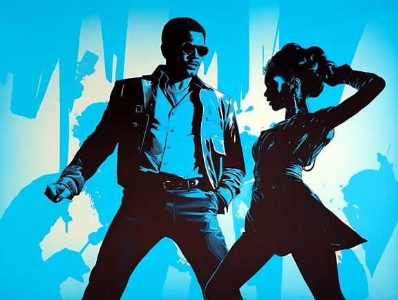 Silhouette of man and young woman dancing in 80s pop art graphic style