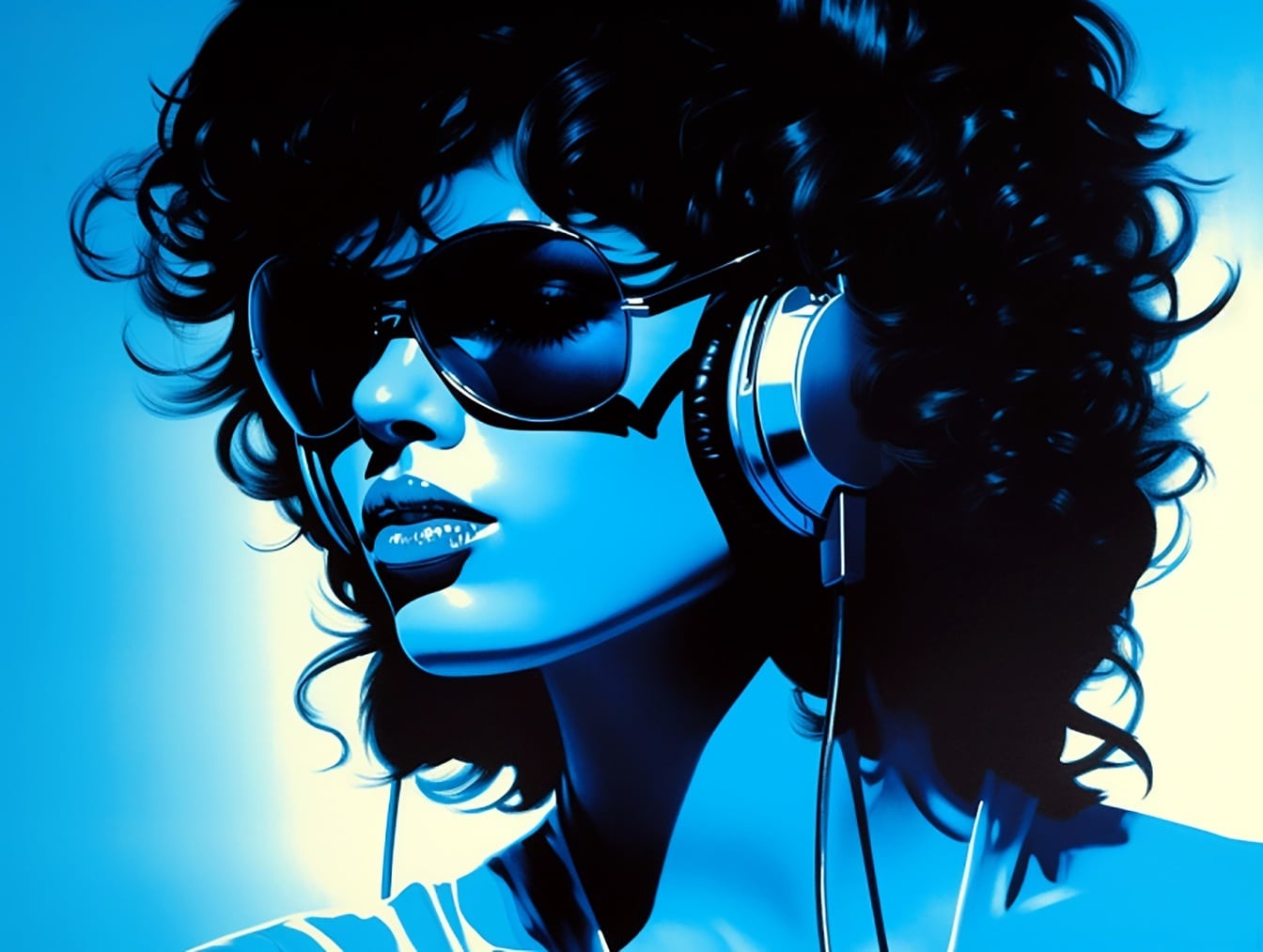 Smuk ung kvinde med solbriller lytter til musing på hovedtelefoner