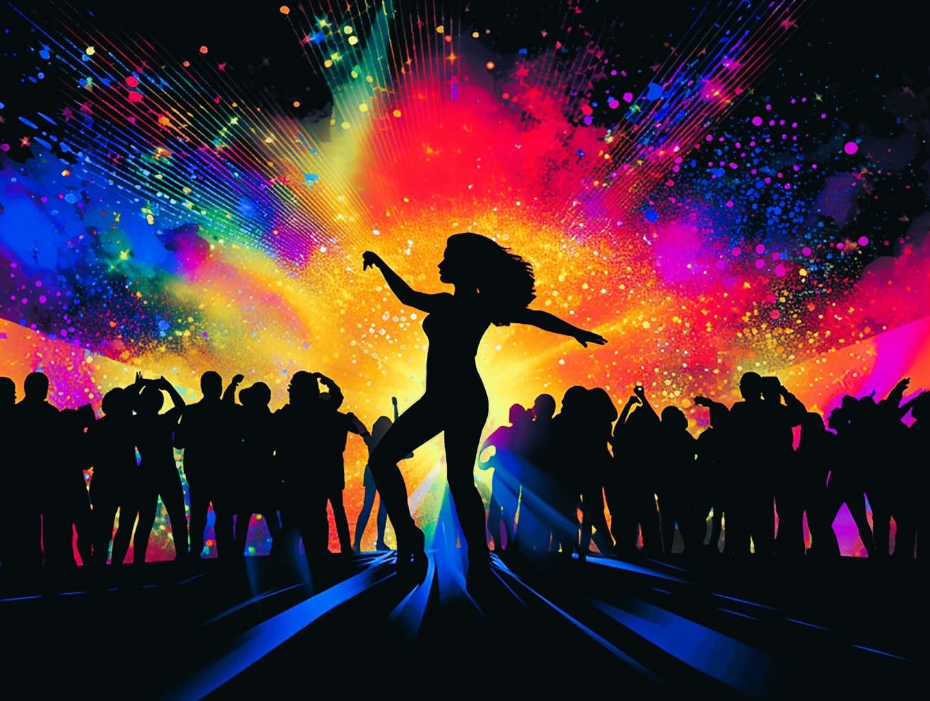 Hình bóng của đám đông trong vũ trường với đồ họa nghệ thuật pop nhẹ disco