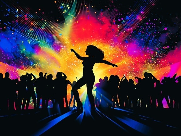 Silueta de la multitud en la discoteca con el gráfico del arte pop de la luz de la discoteca
