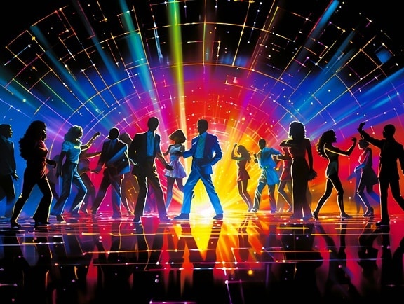 Silhouette of people dancing in discotheque pop art graphic