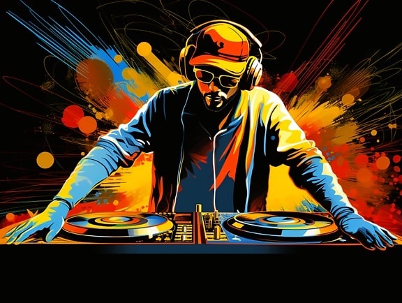 DJ di musica che suona musica in discoteca pop art illustrazione grafica