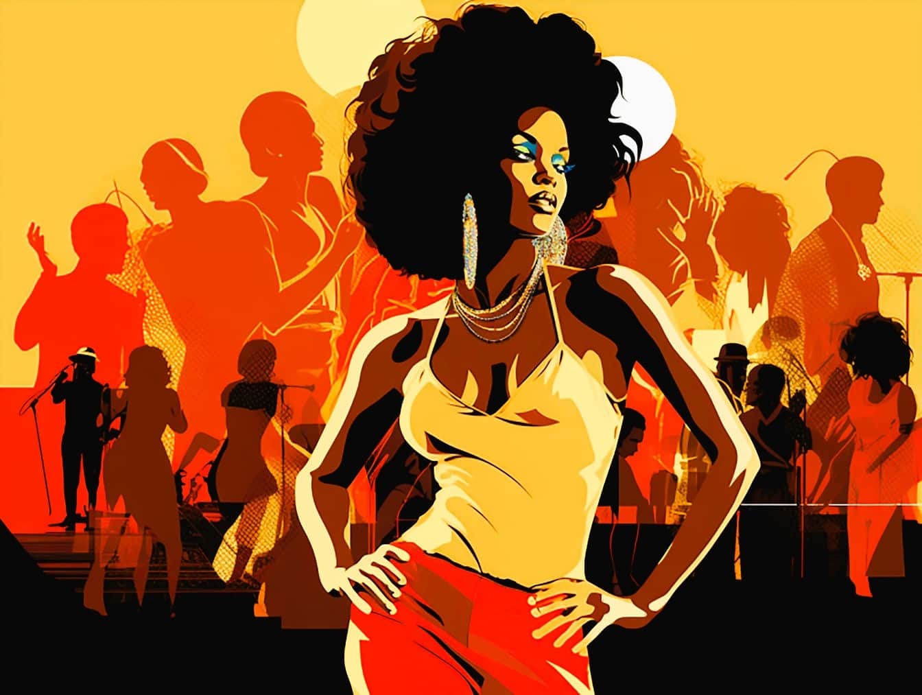 Pop art illüstrasyon tarzında diskotek Afrikalı genç kadın dansçı