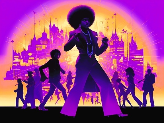 Silhouette del ballerino che balla in discoteca viola pop art illustrazione