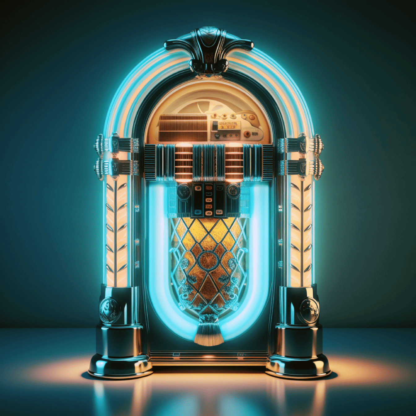 Máquina de discos de música brillante de brillo dorado con iluminación de luces de neón
