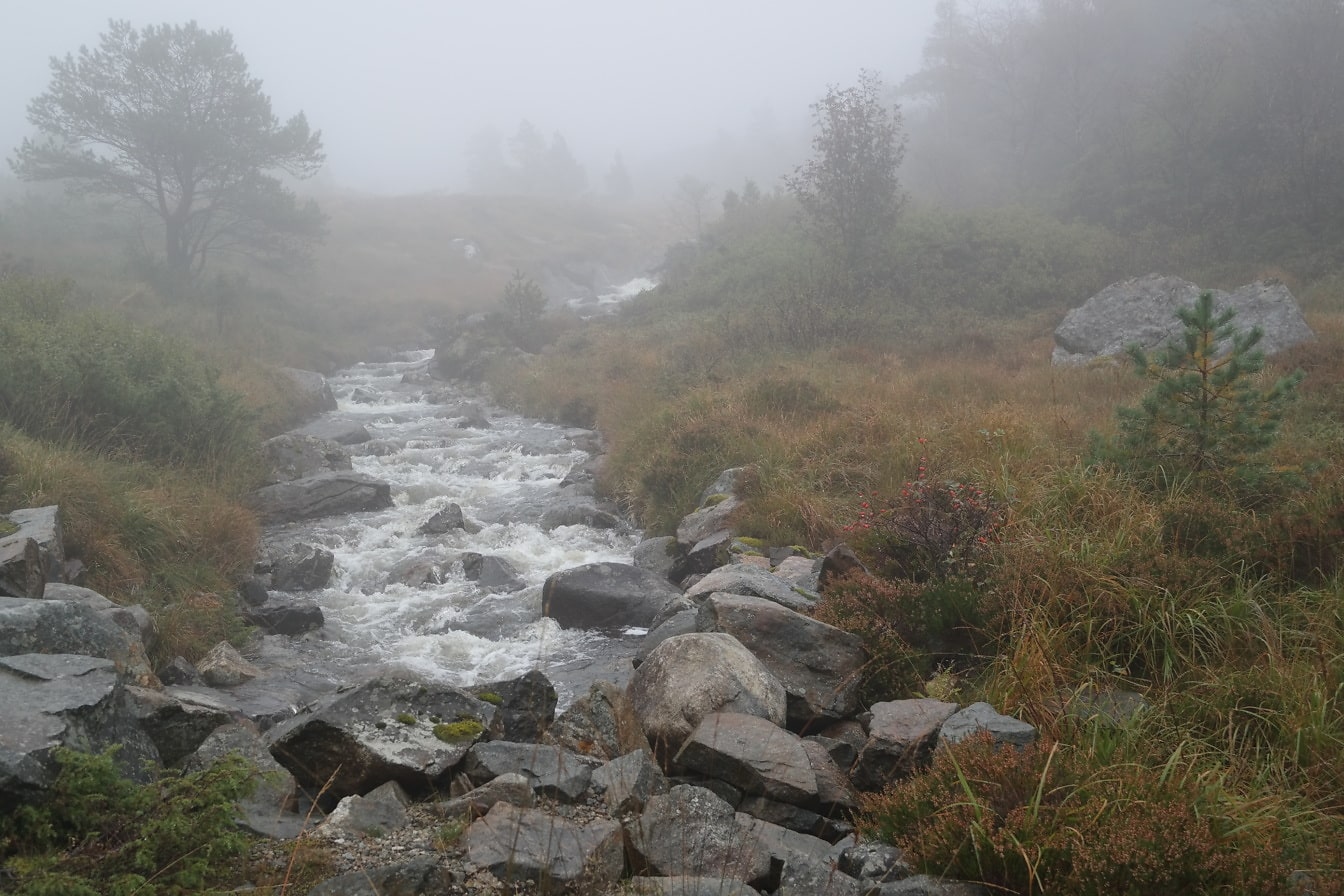 Mlhavý podzimní den u skalnaté řeky