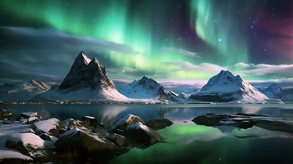 Majestic aurora borealis reflection at lake in mountainside at nightime