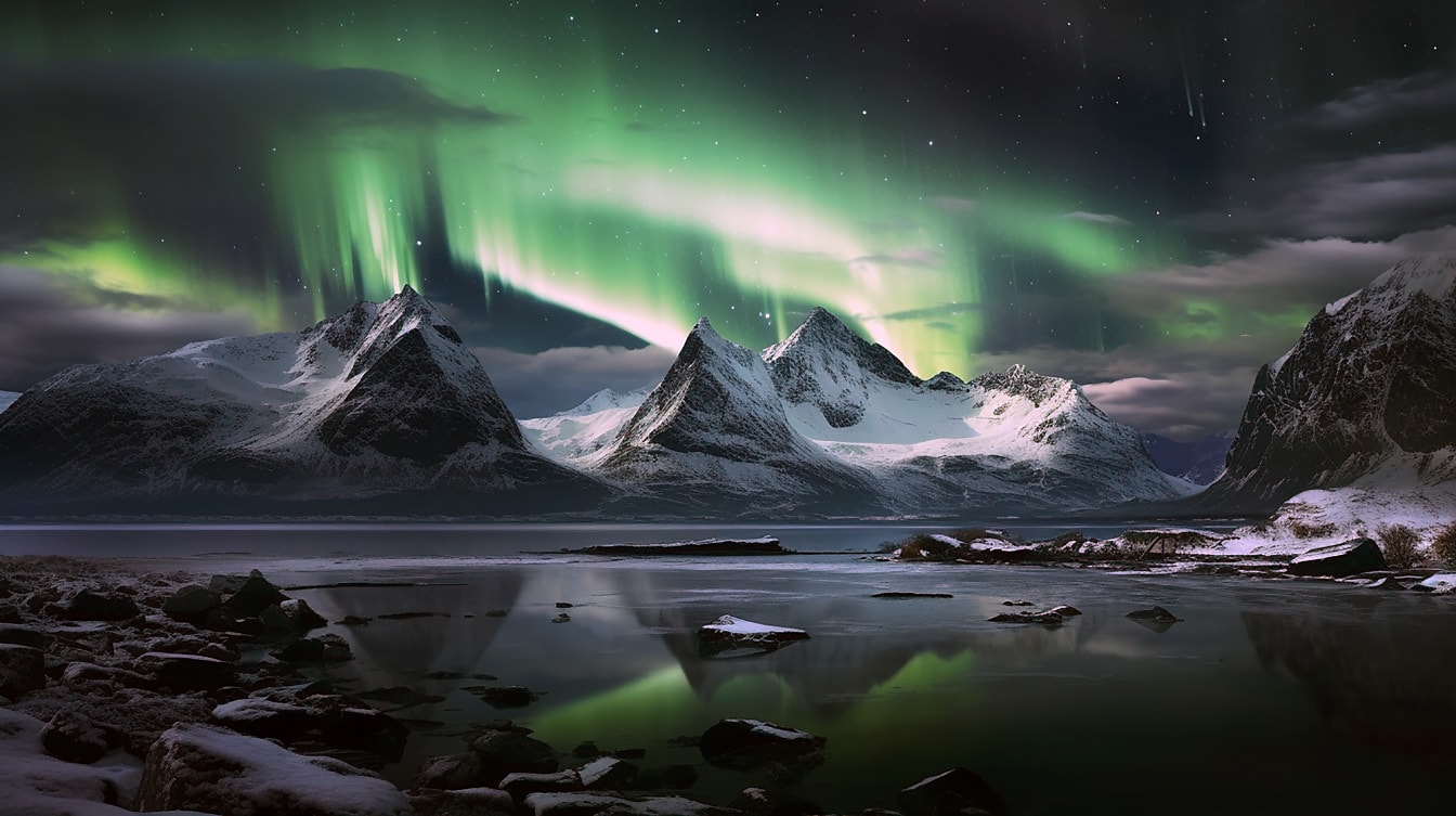 Spiegelung der Aurora Borealis auf dem See in der Winternacht