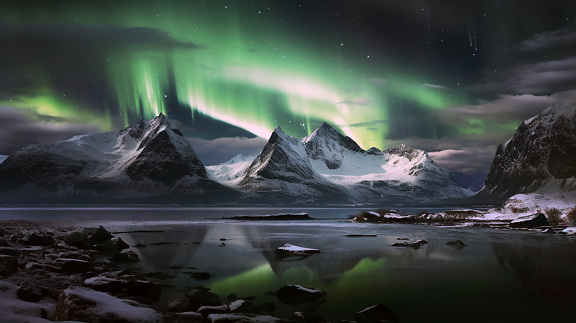 Bezinning van aurora borealis op meer bij de winternacht