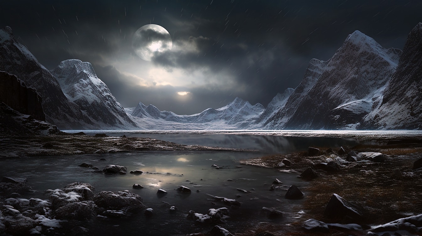 웅장한 산봉우리 너머로 보이는 달의 풍경