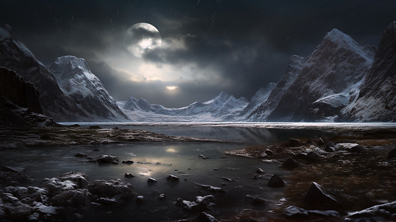månlandskap, majestätisk, bergstopp, glaciär, natt, landskap, vatten